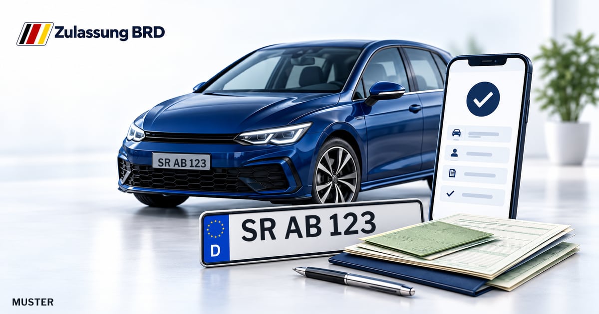 Online Fahrzeugzulassung in Landkreis Straubing-Bogen: Musterkennzeichen SR AB 123, Auto und Fahrzeugpapiere und Smartphone. Illustration mit Logo von Zulassung BRD.